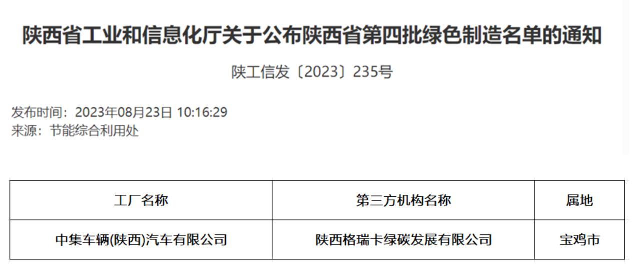 中集車輛旗下陜西中集獲評陜西省 “綠色工廠”