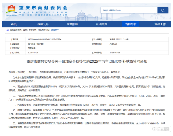 2025年10月28日，重慶市商務(wù)委員會(huì)發(fā)布《重慶市商務(wù)委員會(huì)關(guān)于追加資金持續(xù)實(shí)施2025年汽車以舊換新補(bǔ)貼政策的通知》。