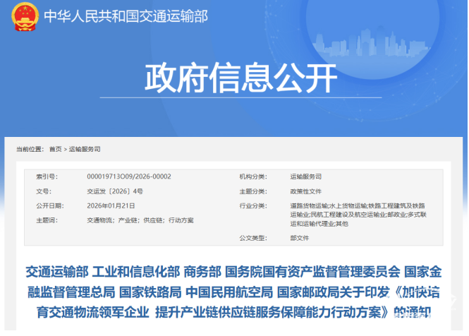 交通部等八部門印發(fā)《加快培育交通物流領(lǐng)軍企業(yè)提升產(chǎn)業(yè)鏈供應(yīng)鏈服務(wù)保障能力行動方案》
